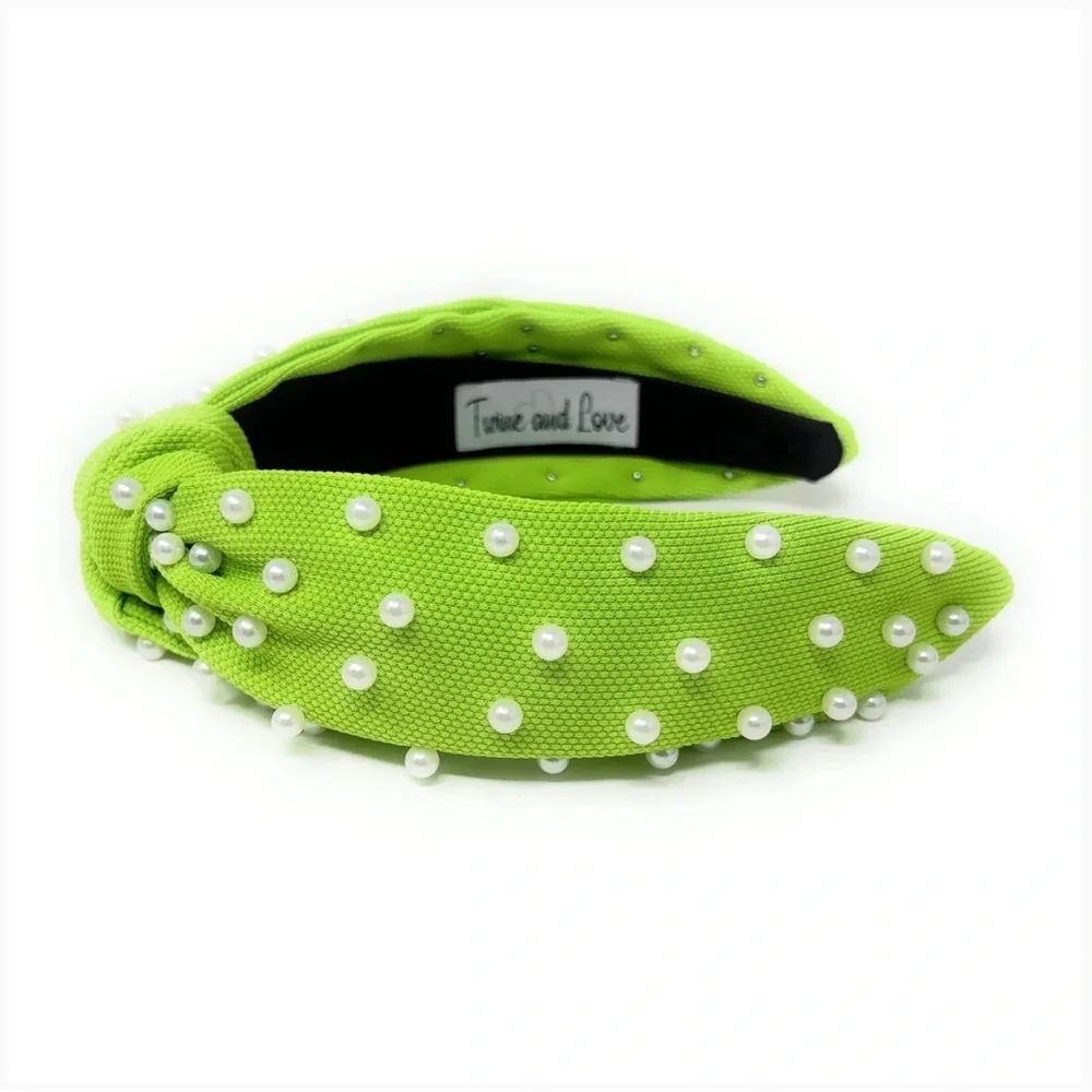 Neon Lime White Pearl Knot Headband